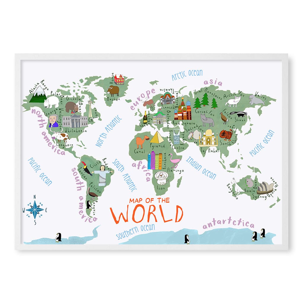 Illustrated Map of The World Educational Kids Wall Art Print A1 (59.4 x 84.1cm) / Matte White Frame / No Border from our Australian Made Framed Wall Art, Prints & Posters collection by Profile Products (Australia) Pty Ltd