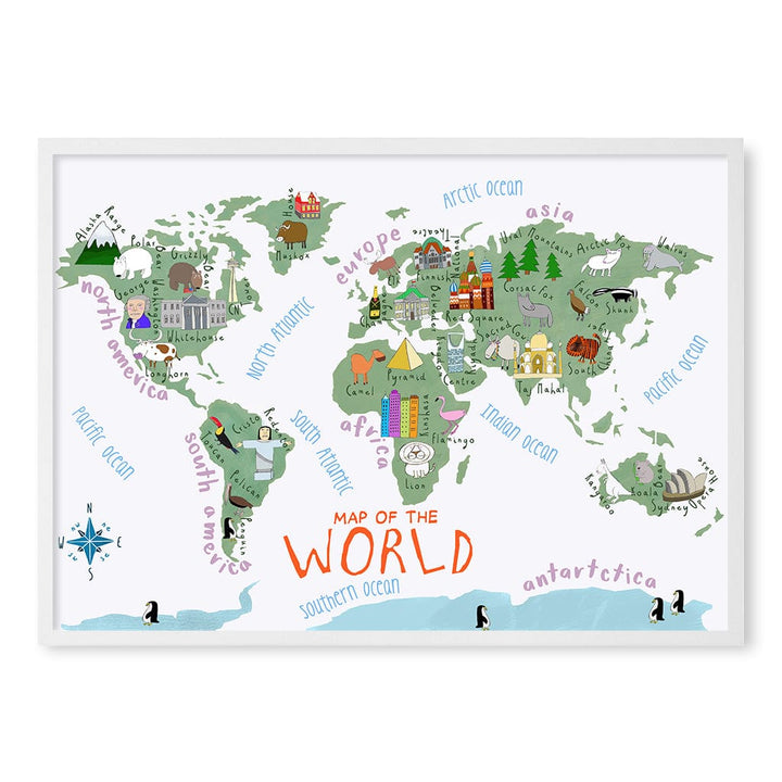 Illustrated Map of The World Educational Kids Wall Art Print A1 (59.4 x 84.1cm) / Matte White Frame / No Border from our Australian Made Framed Wall Art, Prints & Posters collection by Profile Products (Australia) Pty Ltd
