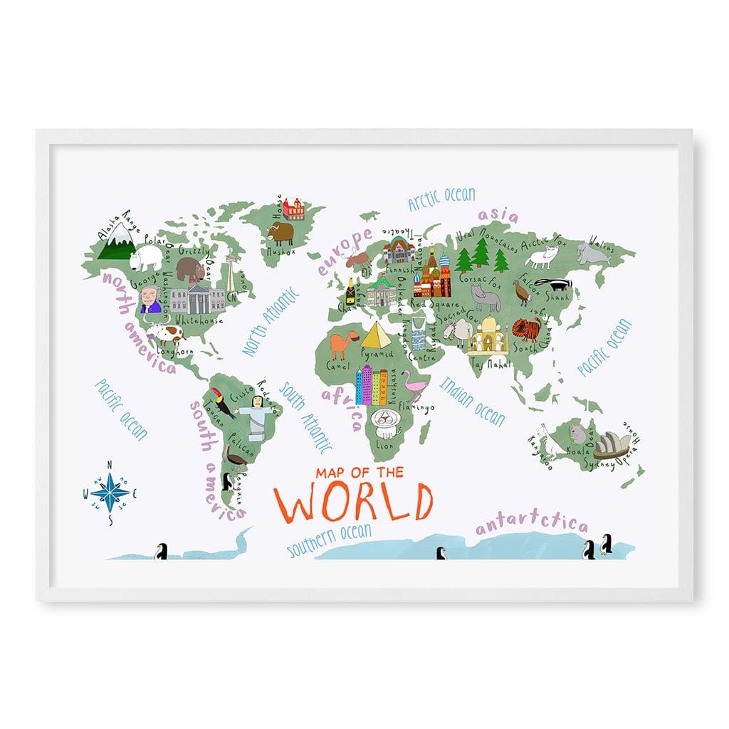 Illustrated Map of The World Educational Kids Wall Art Print A1 (59.4 x 84.1cm) / Matte White Frame / White Border from our Australian Made Framed Wall Art, Prints & Posters collection by Profile Products (Australia) Pty Ltd