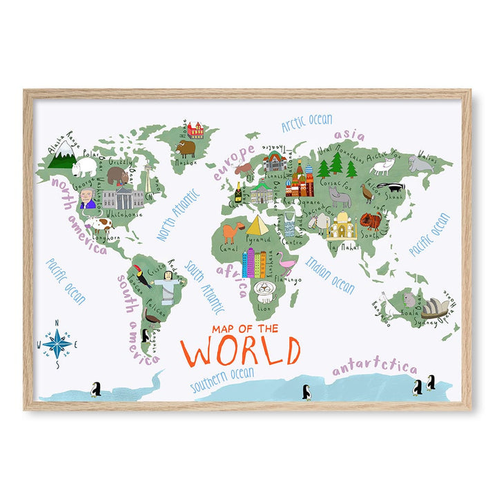 Illustrated Map of The World Educational Kids Wall Art Print A1 (59.4 x 84.1cm) / Natural Oak Frame / No Border from our Australian Made Framed Wall Art, Prints & Posters collection by Profile Products (Australia) Pty Ltd