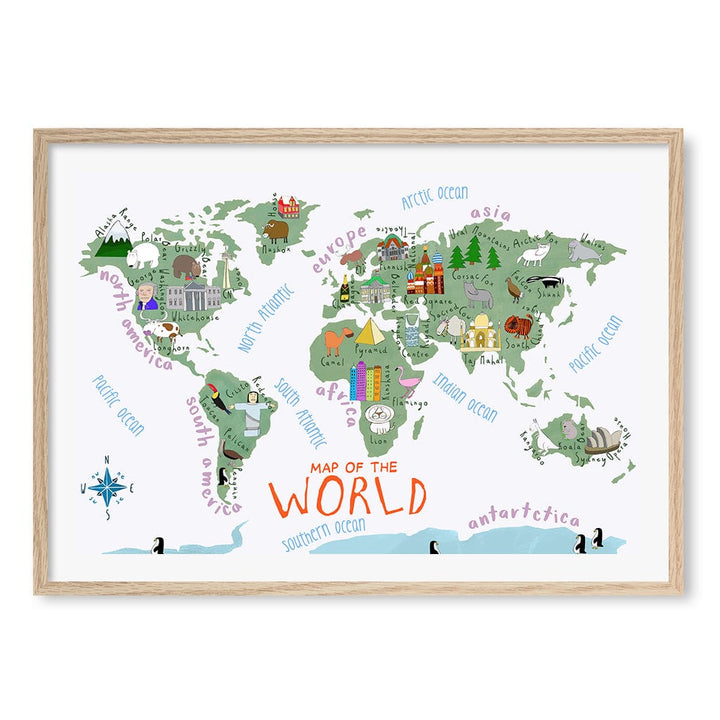 Illustrated Map of The World Educational Kids Wall Art Print A1 (59.4 x 84.1cm) / Natural Oak Frame / White Border from our Australian Made Framed Wall Art, Prints & Posters collection by Profile Products (Australia) Pty Ltd