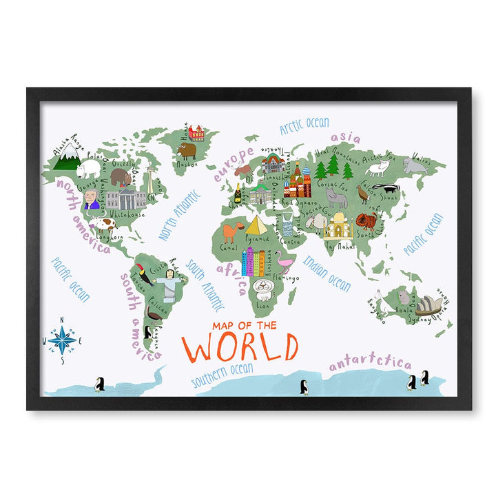 Illustrated Map of The World Educational Kids Wall Art Print A2 (42 x 59.4cm) / Matte Black Frame / No Border from our Australian Made Framed Wall Art, Prints & Posters collection by Profile Products (Australia) Pty Ltd