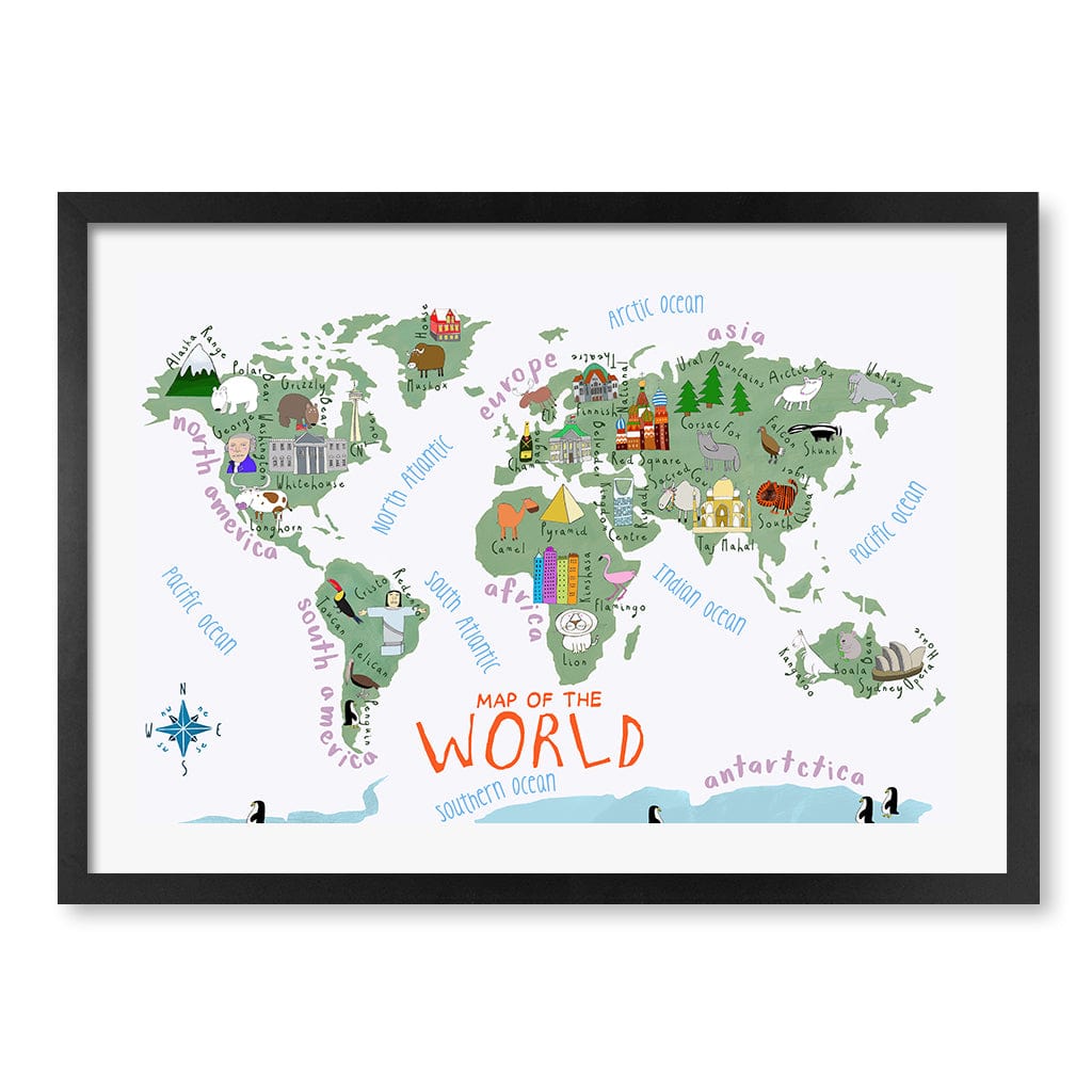 Illustrated Map of The World Educational Kids Wall Art Print A2 (42 x 59.4cm) / Matte Black Frame / White Border from our Australian Made Framed Wall Art, Prints & Posters collection by Profile Products (Australia) Pty Ltd