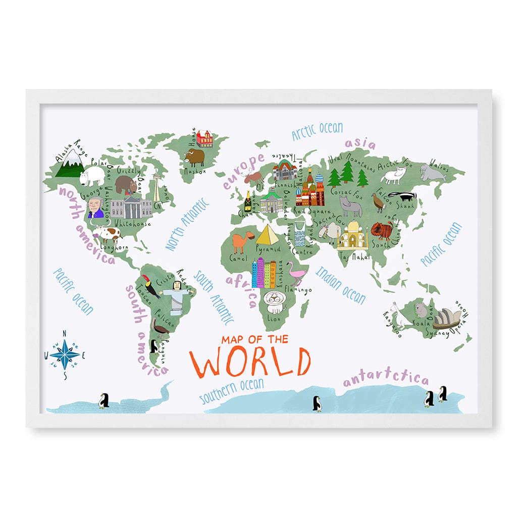 Illustrated Map of The World Educational Kids Wall Art Print A2 (42 x 59.4cm) / Matte White Frame / No Border from our Australian Made Framed Wall Art, Prints & Posters collection by Profile Products (Australia) Pty Ltd
