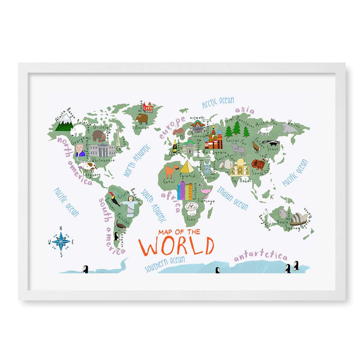 Illustrated Map of The World Educational Kids Wall Art Print A2 (42 x 59.4cm) / Matte White Frame / White Border from our Australian Made Framed Wall Art, Prints & Posters collection by Profile Products (Australia) Pty Ltd