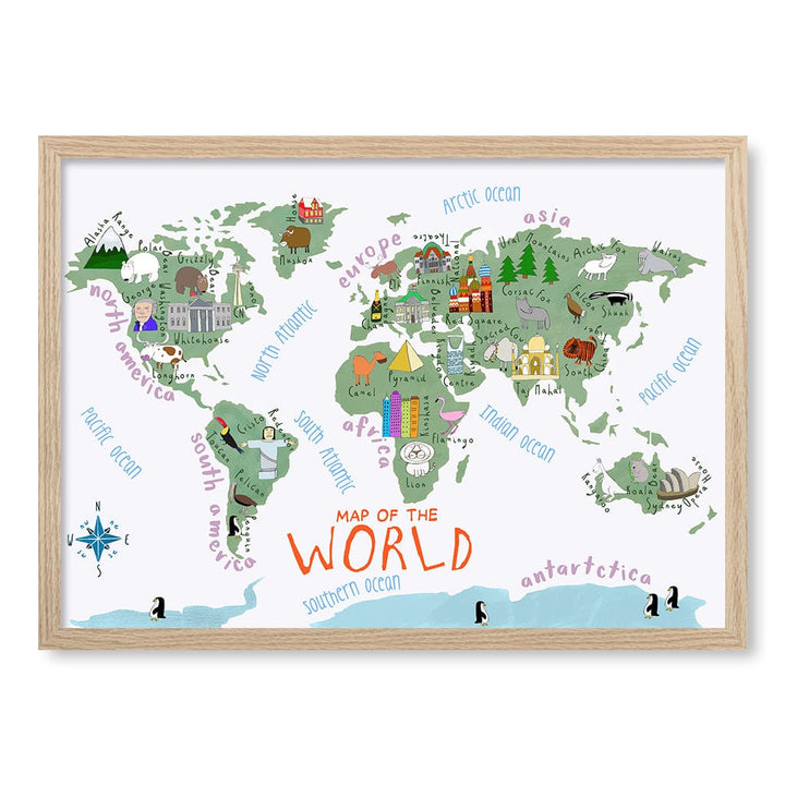 Illustrated Map of The World Educational Kids Wall Art Print A2 (42 x 59.4cm) / Natural Oak Frame / No Border from our Australian Made Framed Wall Art, Prints & Posters collection by Profile Products (Australia) Pty Ltd
