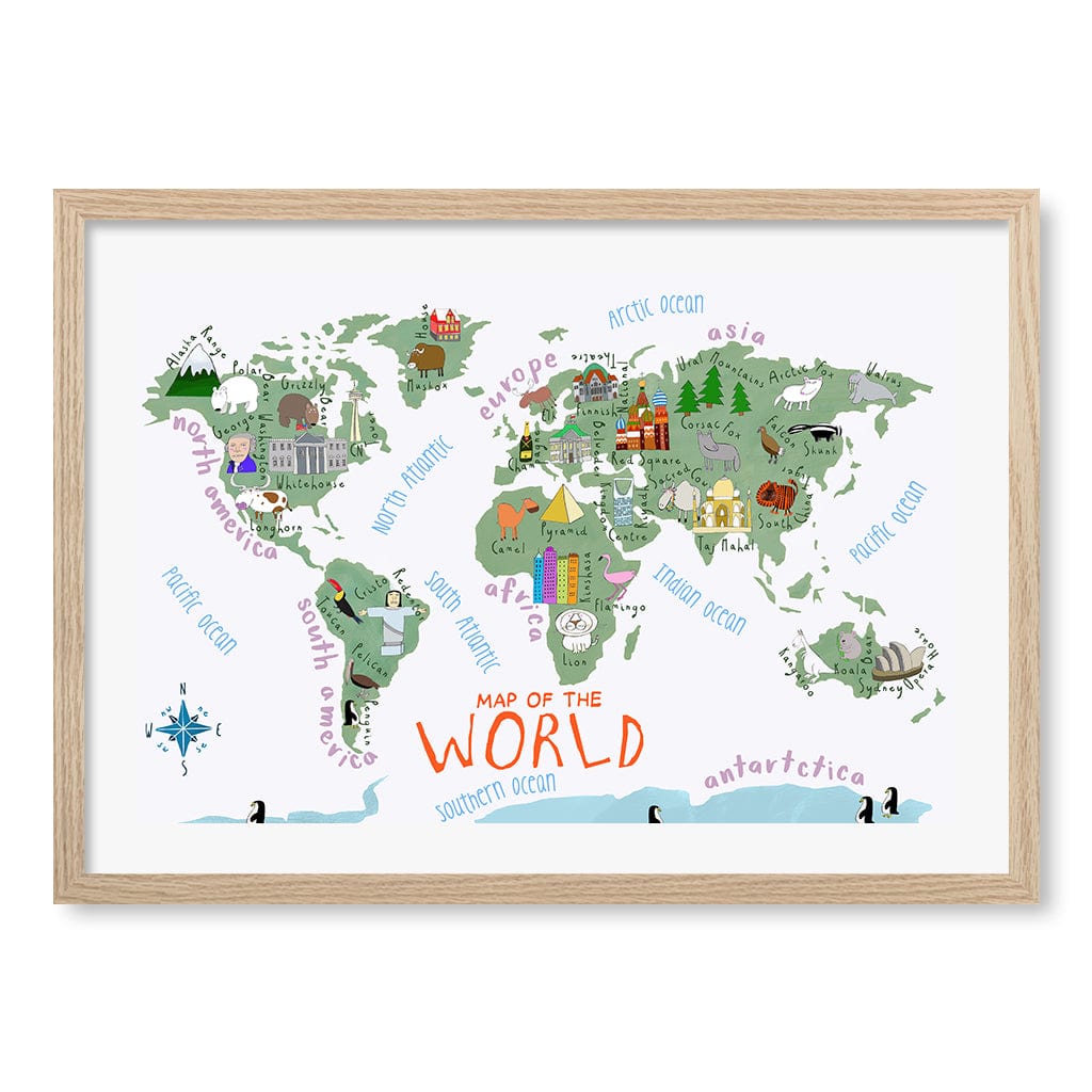 Illustrated Map of The World Educational Kids Wall Art Print A2 (42 x 59.4cm) / Natural Oak Frame / White Border from our Australian Made Framed Wall Art, Prints & Posters collection by Profile Products (Australia) Pty Ltd