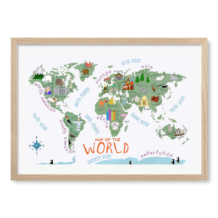 Illustrated Map of The World Educational Kids Wall Art Print A2 (42 x 59.4cm) / Natural Oak Frame / White Border from our Australian Made Framed Wall Art, Prints & Posters collection by Profile Products (Australia) Pty Ltd