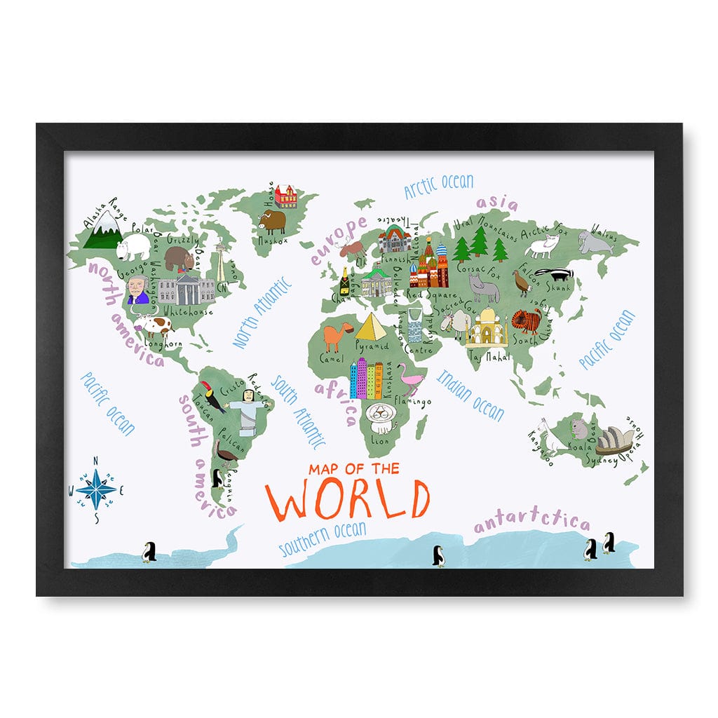 Illustrated Map of The World Educational Kids Wall Art Print A3 (29.7 x 42cm) / Matte Black Frame / No Border from our Australian Made Framed Wall Art, Prints & Posters collection by Profile Products (Australia) Pty Ltd