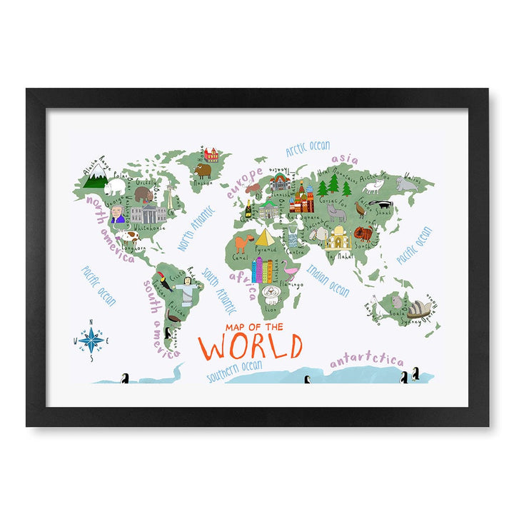 Illustrated Map of The World Educational Kids Wall Art Print A3 (29.7 x 42cm) / Matte Black Frame / White Border from our Australian Made Framed Wall Art, Prints & Posters collection by Profile Products (Australia) Pty Ltd