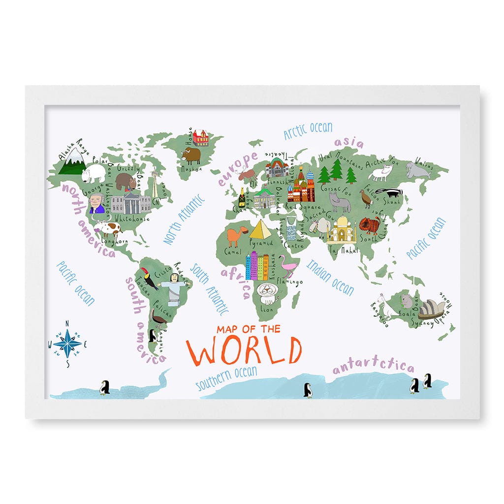 Illustrated Map of The World Educational Kids Wall Art Print A3 (29.7 x 42cm) / Matte White Frame / No Border from our Australian Made Framed Wall Art, Prints & Posters collection by Profile Products (Australia) Pty Ltd