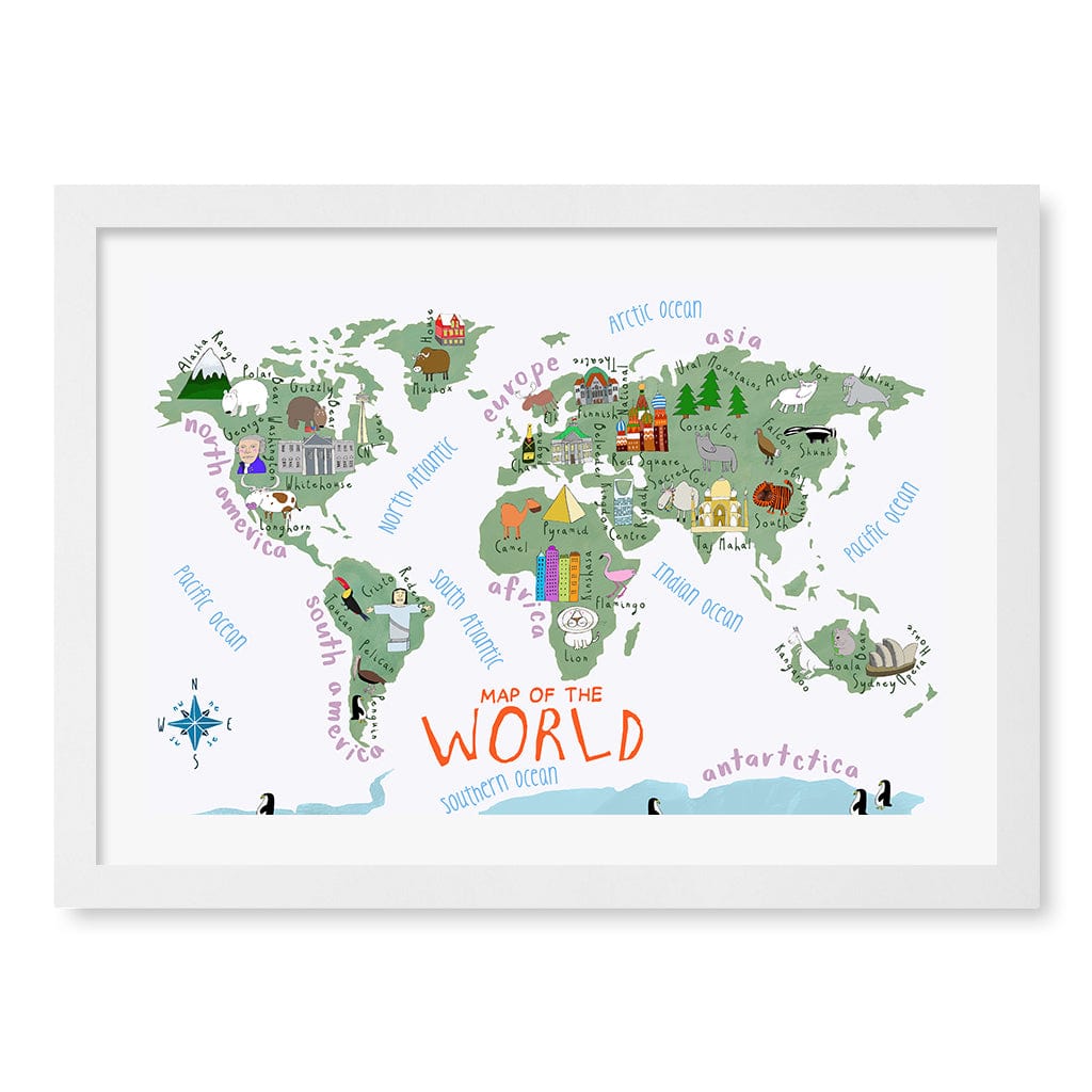 Illustrated Map of The World Educational Kids Wall Art Print A3 (29.7 x 42cm) / Matte White Frame / White Border from our Australian Made Framed Wall Art, Prints & Posters collection by Profile Products (Australia) Pty Ltd