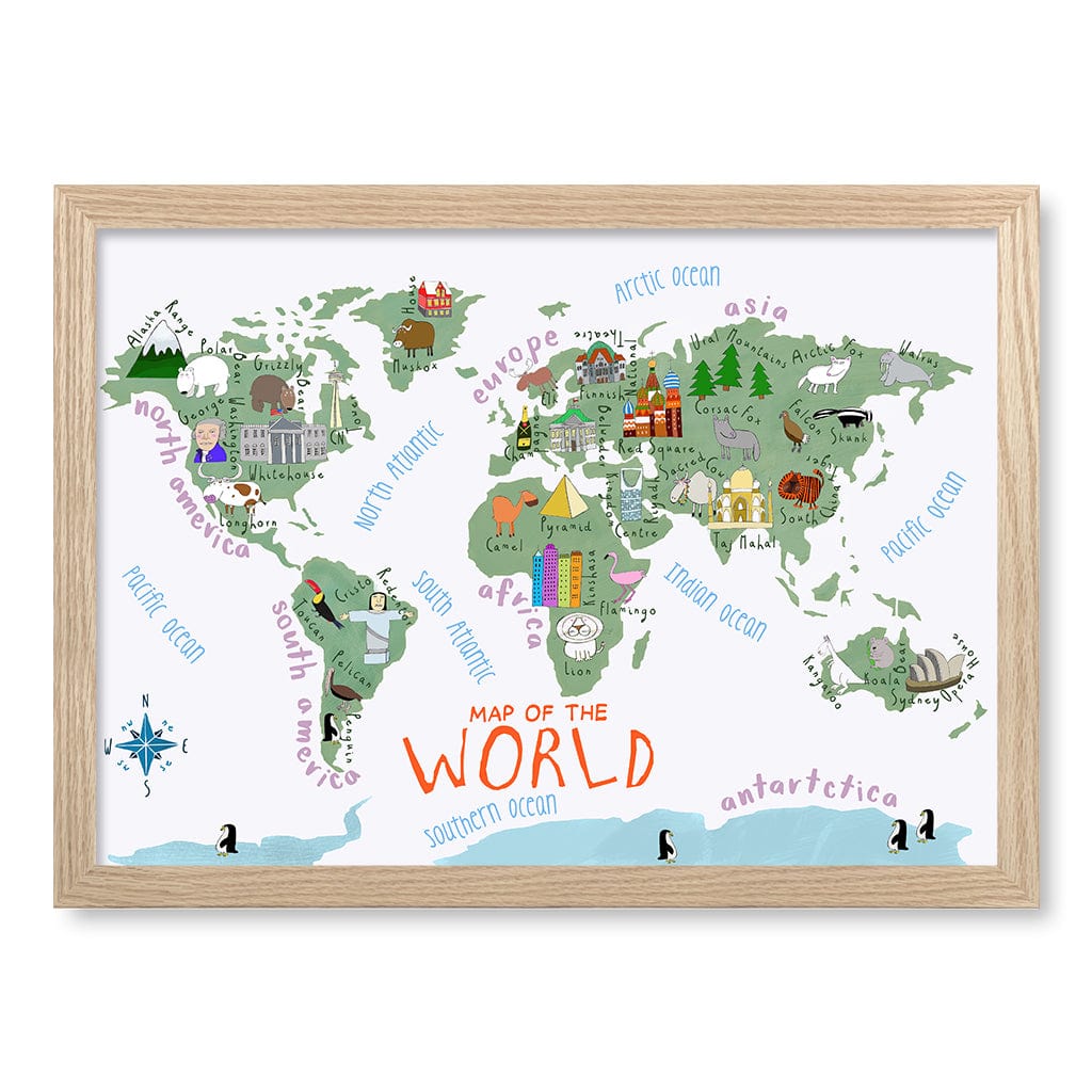 Illustrated Map of The World Educational Kids Wall Art Print A3 (29.7 x 42cm) / Natural Oak Frame / No Border from our Australian Made Framed Wall Art, Prints & Posters collection by Profile Products (Australia) Pty Ltd