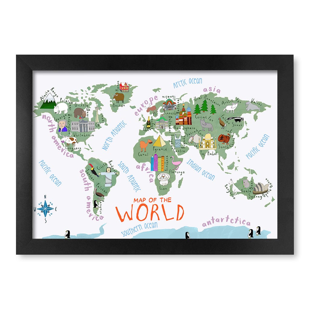 Illustrated Map of The World Educational Kids Wall Art Print A4 (21 x 29.7cm) / Matte Black Frame / No Border from our Australian Made Framed Wall Art, Prints & Posters collection by Profile Products (Australia) Pty Ltd