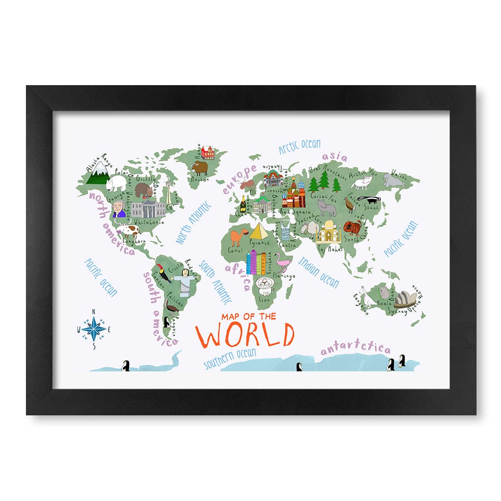 Illustrated Map of The World Educational Kids Wall Art Print A4 (21 x 29.7cm) / Matte Black Frame / White Border from our Australian Made Framed Wall Art, Prints & Posters collection by Profile Products (Australia) Pty Ltd