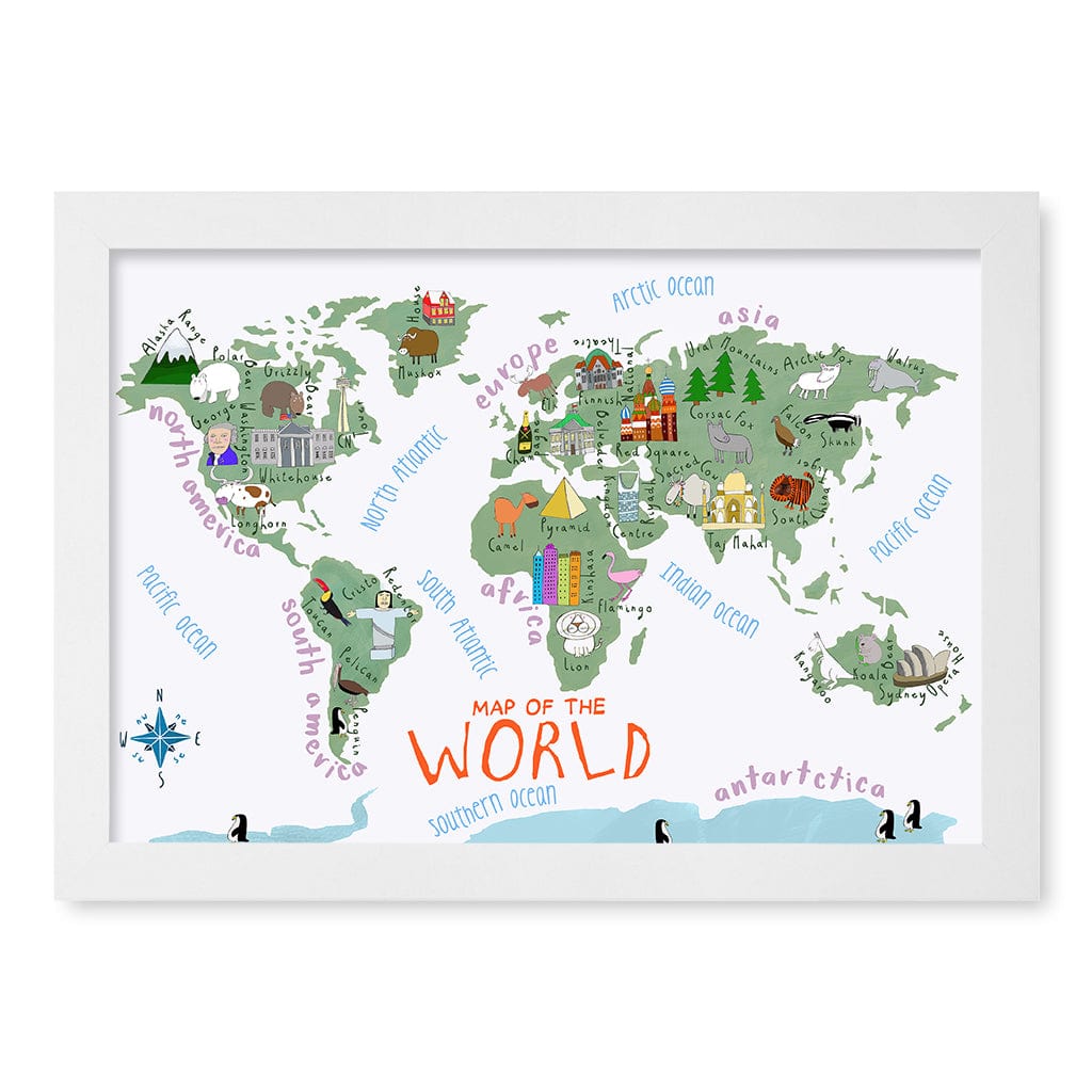 Illustrated Map of The World Educational Kids Wall Art Print A4 (21 x 29.7cm) / Matte White Frame / No Border from our Australian Made Framed Wall Art, Prints & Posters collection by Profile Products (Australia) Pty Ltd