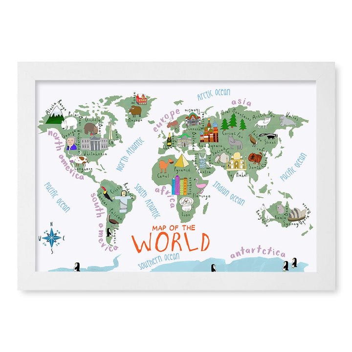 Illustrated Map of The World Educational Kids Wall Art Print A4 (21 x 29.7cm) / Matte White Frame / No Border from our Australian Made Framed Wall Art, Prints & Posters collection by Profile Products (Australia) Pty Ltd