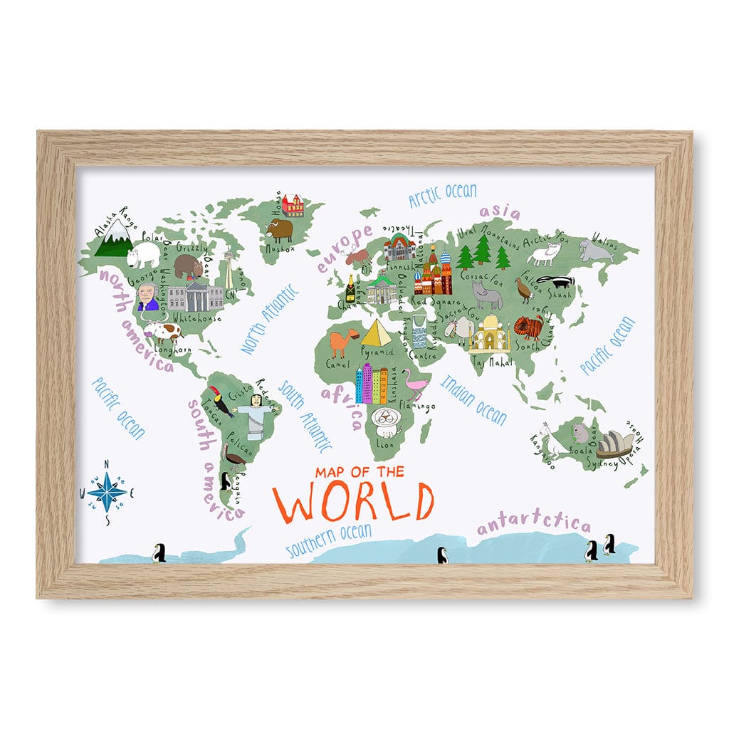 Illustrated Map of The World Educational Kids Wall Art Print A4 (21 x 29.7cm) / Natural Oak Frame / No Border from our Australian Made Framed Wall Art, Prints & Posters collection by Profile Products (Australia) Pty Ltd