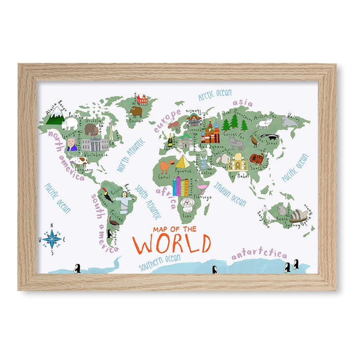 Illustrated Map of The World Educational Kids Wall Art Print A4 (21 x 29.7cm) / Natural Oak Frame / No Border from our Australian Made Framed Wall Art, Prints & Posters collection by Profile Products (Australia) Pty Ltd