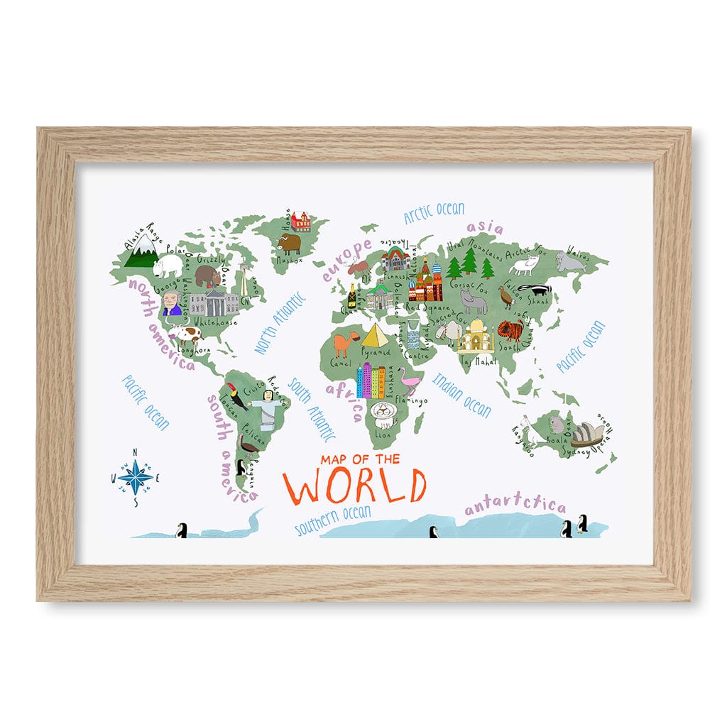 Illustrated Map of The World Educational Kids Wall Art Print A4 (21 x 29.7cm) / Natural Oak Frame / White Border from our Australian Made Framed Wall Art, Prints & Posters collection by Profile Products (Australia) Pty Ltd