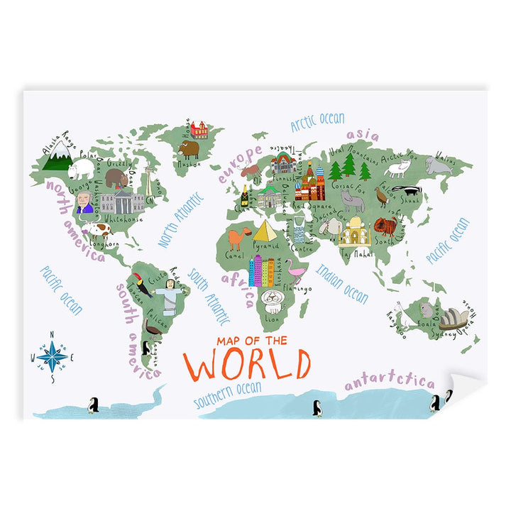 Illustrated Map of The World Educational Kids Wall Art Print A4 (21 x 29.7cm) / Print Only / No Border from our Australian Made Framed Wall Art, Prints & Posters collection by Profile Products (Australia) Pty Ltd
