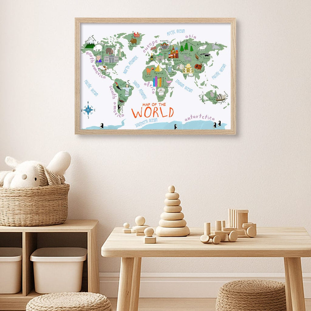 Illustrated Map of The World Educational Kids Wall Art Print from our Australian Made Framed Wall Art, Prints & Posters collection by Profile Products (Australia) Pty Ltd