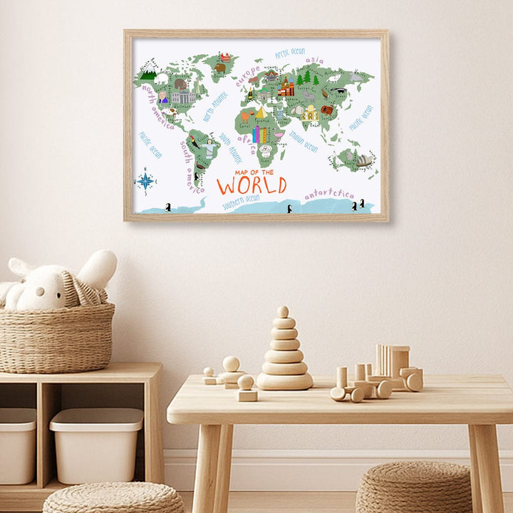 Illustrated Map of The World Educational Kids Wall Art Print from our Australian Made Framed Wall Art, Prints & Posters collection by Profile Products (Australia) Pty Ltd