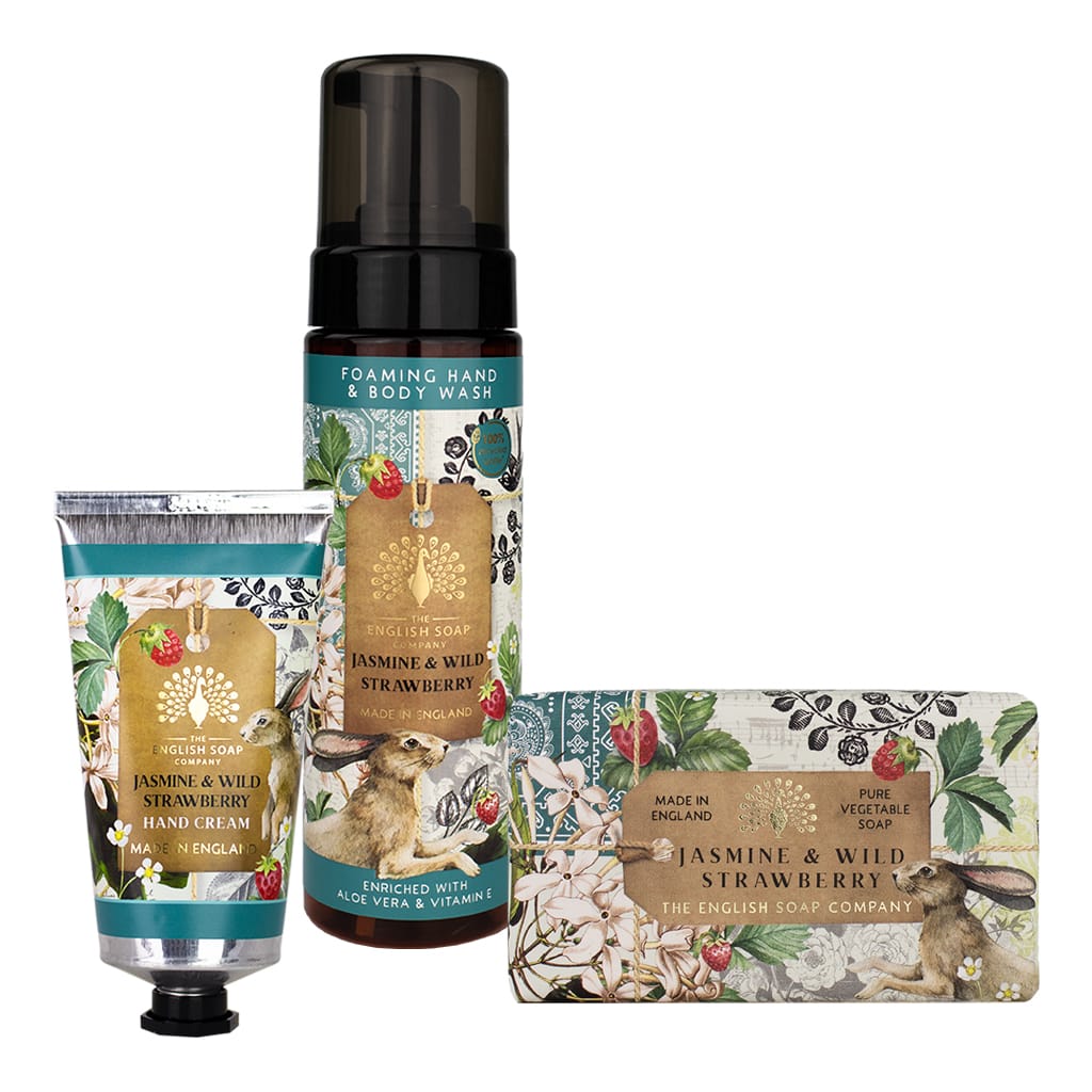 Jasmine & Wild Strawberry Soap, Hand Cream & Foaming Hand Wash Gift Set from our Body & Bath collection by The English Soap Company