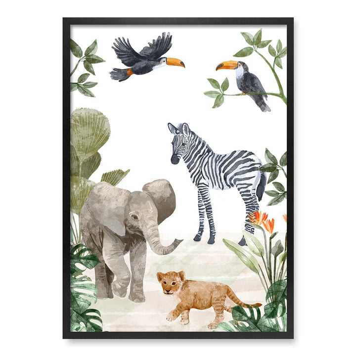 Jungle Friends Kids Wall Art Print A1 (59.4 x 84.1cm) / Matte Black Frame / No Border from our Australian Made Framed Wall Art, Prints & Posters collection by Profile Products (Australia) Pty Ltd