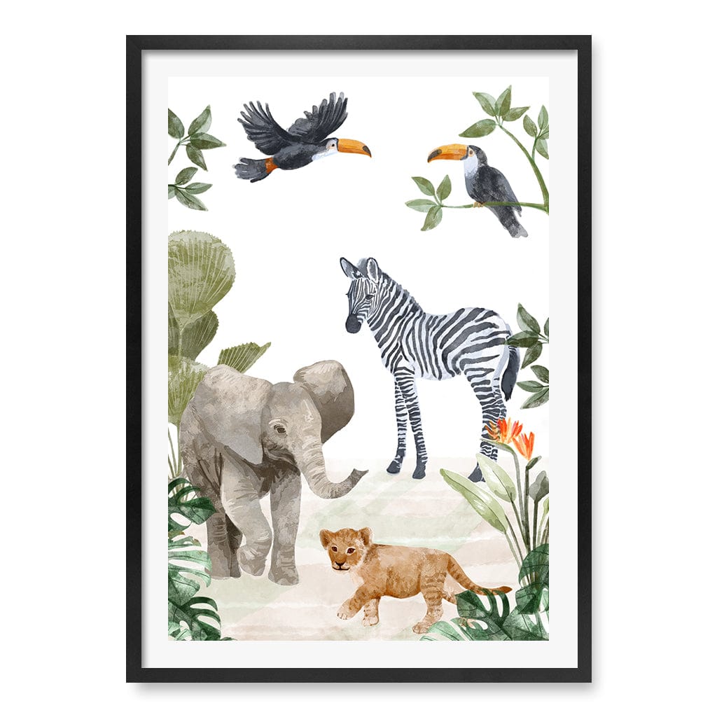 Jungle Friends Kids Wall Art Print A1 (59.4 x 84.1cm) / Matte Black Frame / White Border from our Australian Made Framed Wall Art, Prints & Posters collection by Profile Products (Australia) Pty Ltd