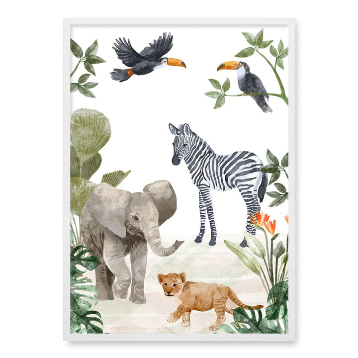 Jungle Friends Kids Wall Art Print A1 (59.4 x 84.1cm) / Matte White Frame / No Border from our Australian Made Framed Wall Art, Prints & Posters collection by Profile Products (Australia) Pty Ltd