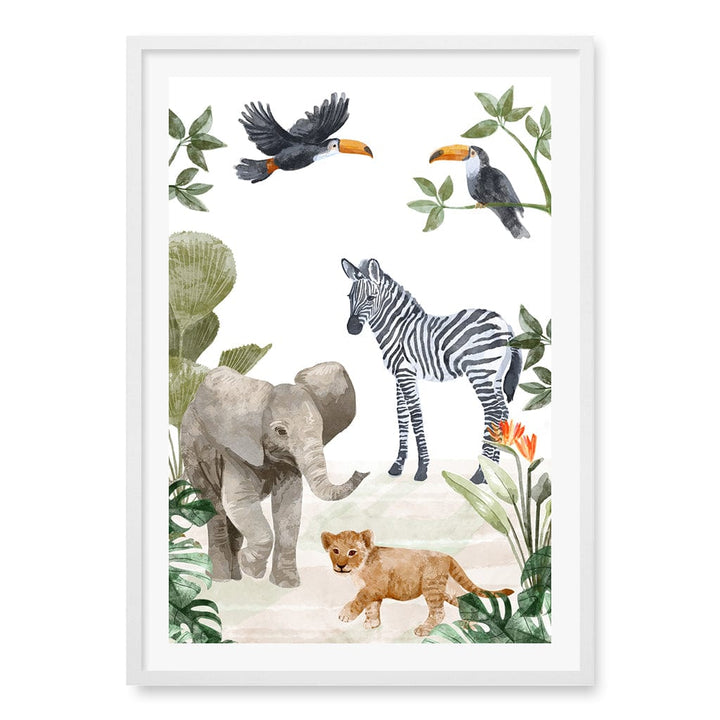 Jungle Friends Kids Wall Art Print A1 (59.4 x 84.1cm) / Matte White Frame / White Border from our Australian Made Framed Wall Art, Prints & Posters collection by Profile Products (Australia) Pty Ltd