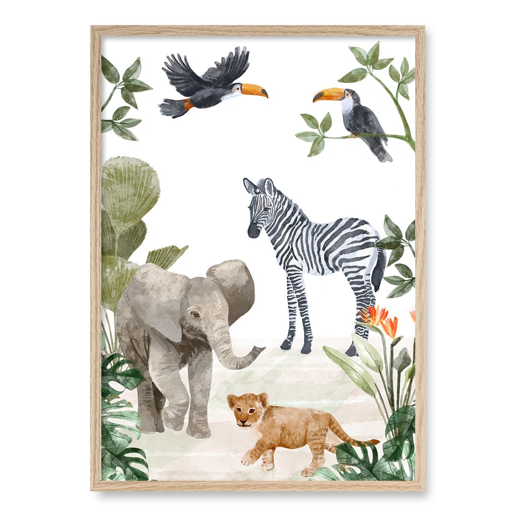 Jungle Friends Kids Wall Art Print A1 (59.4 x 84.1cm) / Natural Oak Frame / No Border from our Australian Made Framed Wall Art, Prints & Posters collection by Profile Products (Australia) Pty Ltd