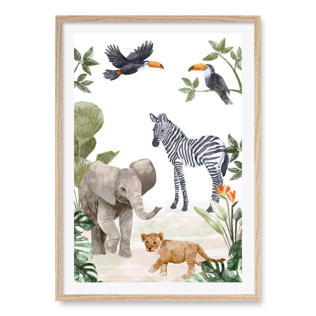 Jungle Friends Kids Wall Art Print A1 (59.4 x 84.1cm) / Natural Oak Frame / White Border from our Australian Made Framed Wall Art, Prints & Posters collection by Profile Products (Australia) Pty Ltd
