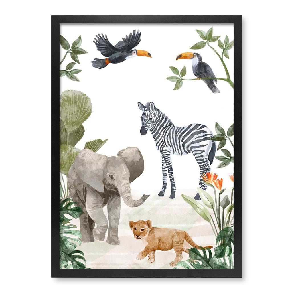Jungle Friends Kids Wall Art Print A2 (42 x 59.4cm) / Matte Black Frame / No Border from our Australian Made Framed Wall Art, Prints & Posters collection by Profile Products (Australia) Pty Ltd