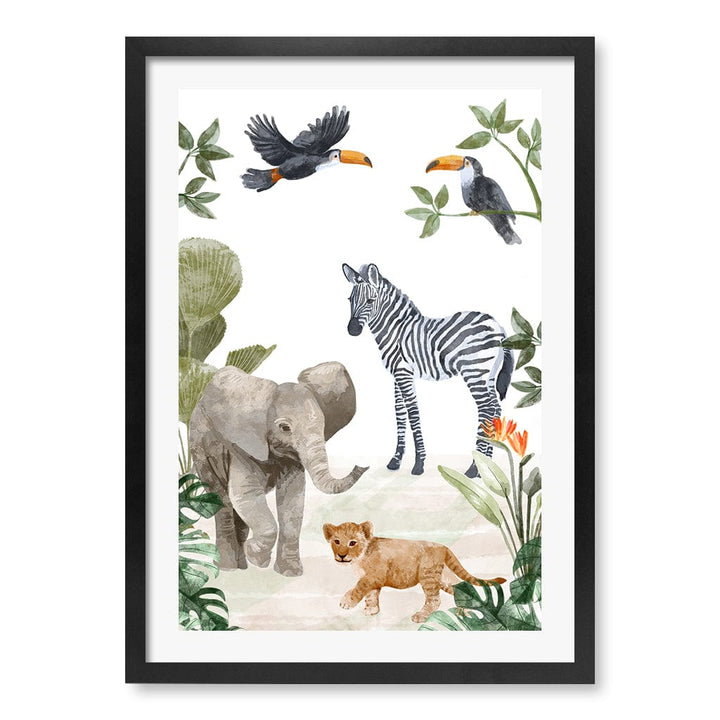 Jungle Friends Kids Wall Art Print A2 (42 x 59.4cm) / Matte Black Frame / White Border from our Australian Made Framed Wall Art, Prints & Posters collection by Profile Products (Australia) Pty Ltd
