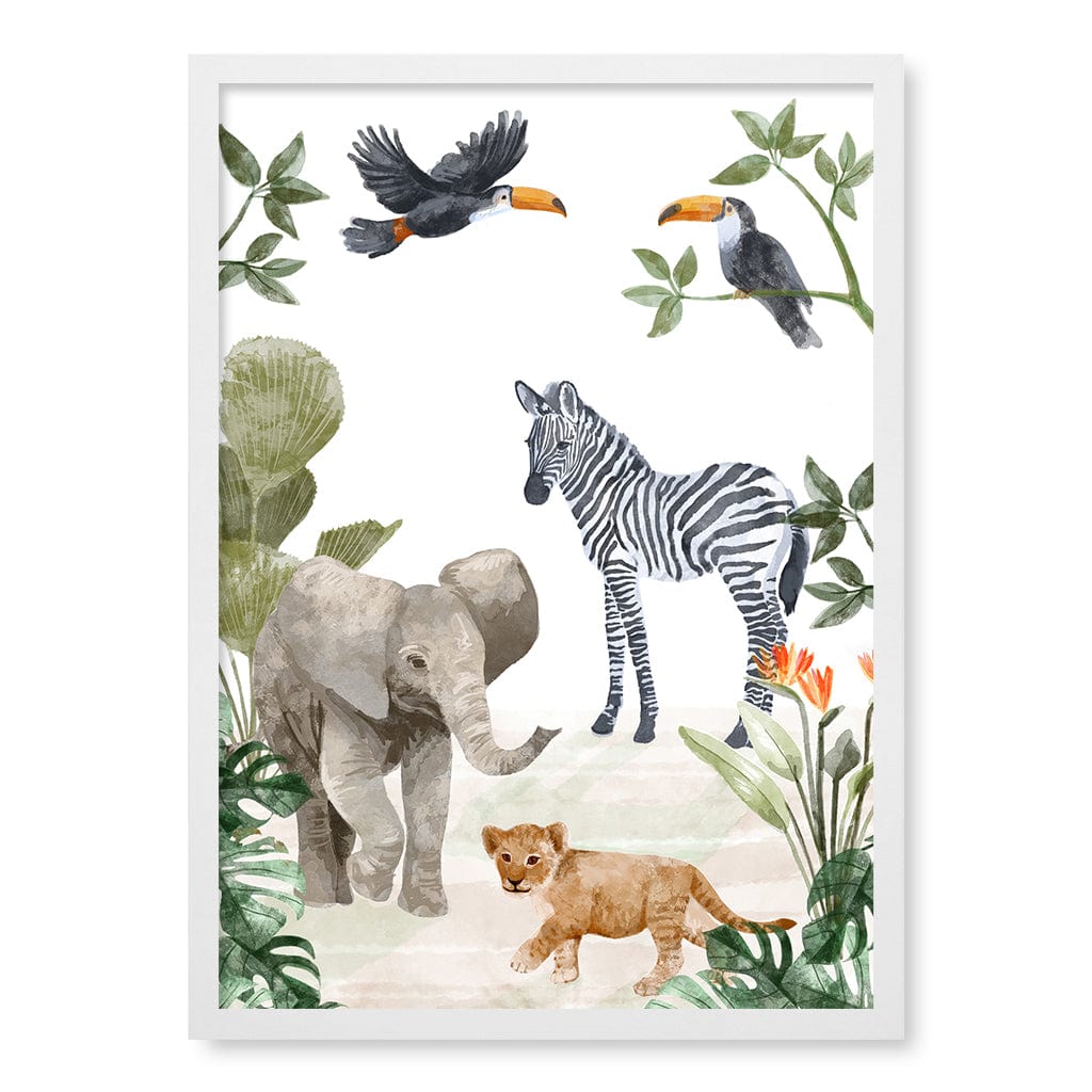 Jungle Friends Kids Wall Art Print A2 (42 x 59.4cm) / Matte White Frame / No Border from our Australian Made Framed Wall Art, Prints & Posters collection by Profile Products (Australia) Pty Ltd