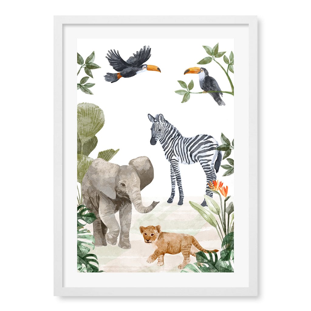 Jungle Friends Kids Wall Art Print A2 (42 x 59.4cm) / Matte White Frame / White Border from our Australian Made Framed Wall Art, Prints & Posters collection by Profile Products (Australia) Pty Ltd