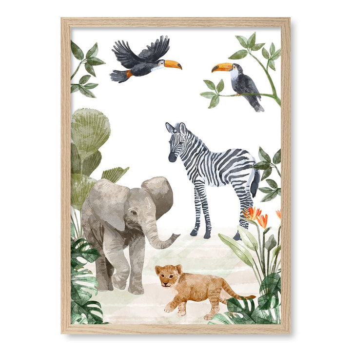 Jungle Friends Kids Wall Art Print A2 (42 x 59.4cm) / Natural Oak Frame / No Border from our Australian Made Framed Wall Art, Prints & Posters collection by Profile Products (Australia) Pty Ltd