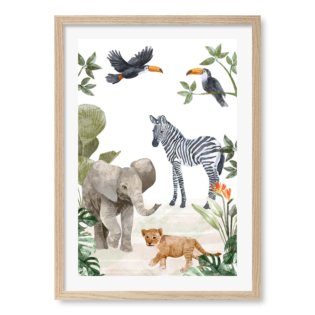 Jungle Friends Kids Wall Art Print A2 (42 x 59.4cm) / Natural Oak Frame / White Border from our Australian Made Framed Wall Art, Prints & Posters collection by Profile Products (Australia) Pty Ltd