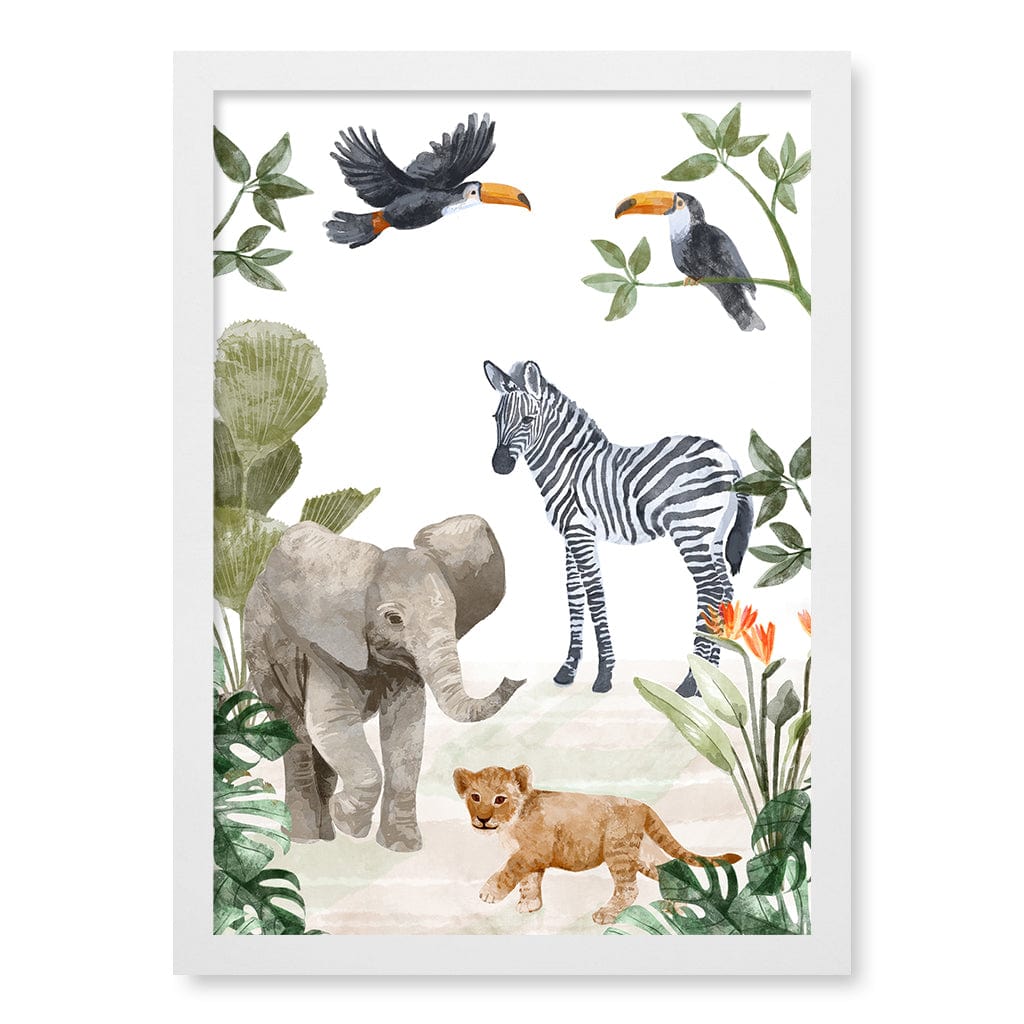Jungle Friends Kids Wall Art Print A3 (29.7 x 42cm) / Matte White Frame / No Border from our Australian Made Framed Wall Art, Prints & Posters collection by Profile Products (Australia) Pty Ltd