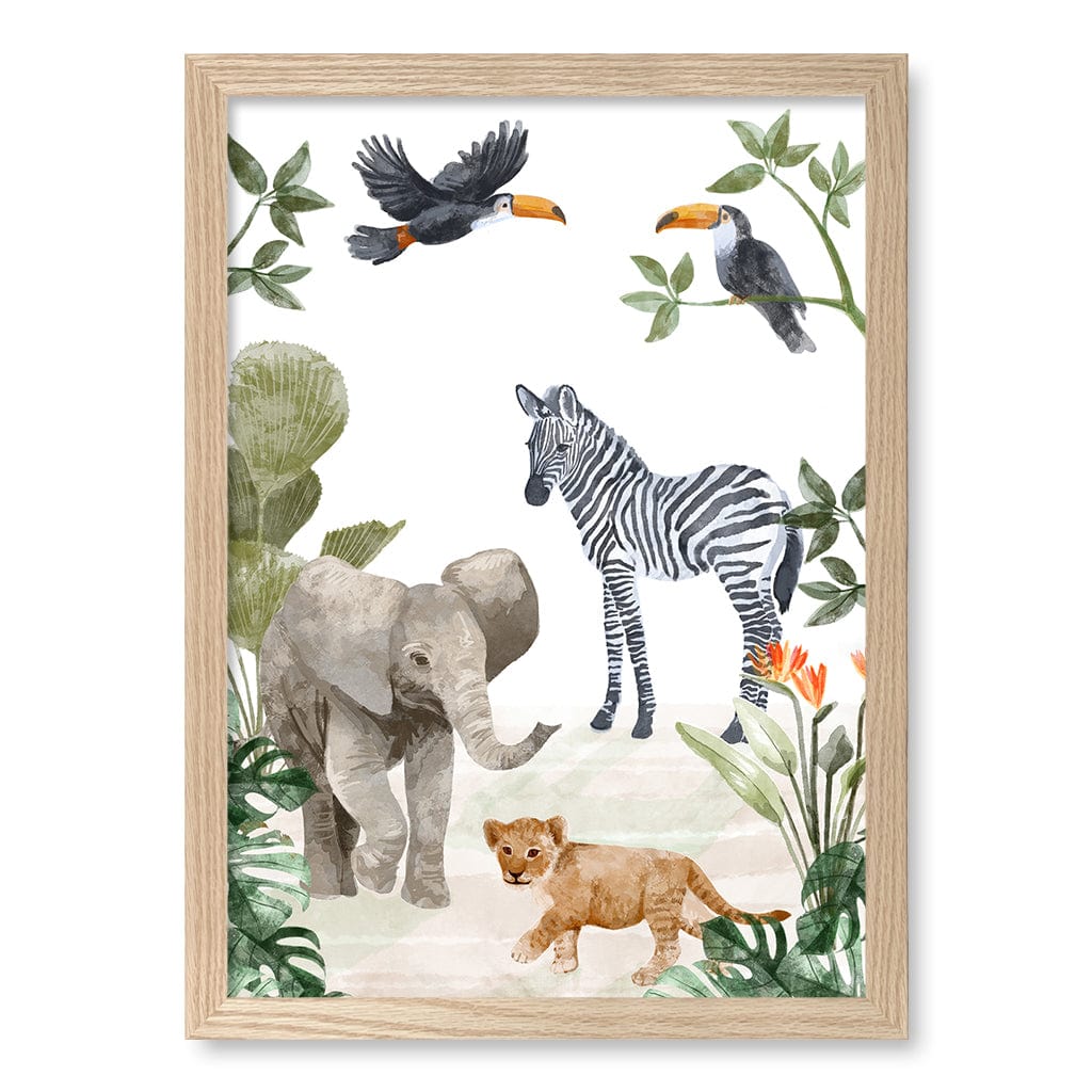 Jungle Friends Kids Wall Art Print A3 (29.7 x 42cm) / Natural Oak Frame / No Border from our Australian Made Framed Wall Art, Prints & Posters collection by Profile Products (Australia) Pty Ltd