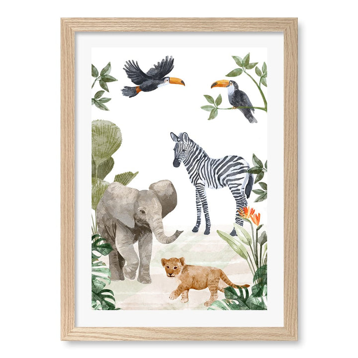 Jungle Friends Kids Wall Art Print A3 (29.7 x 42cm) / Natural Oak Frame / White Border from our Australian Made Framed Wall Art, Prints & Posters collection by Profile Products (Australia) Pty Ltd