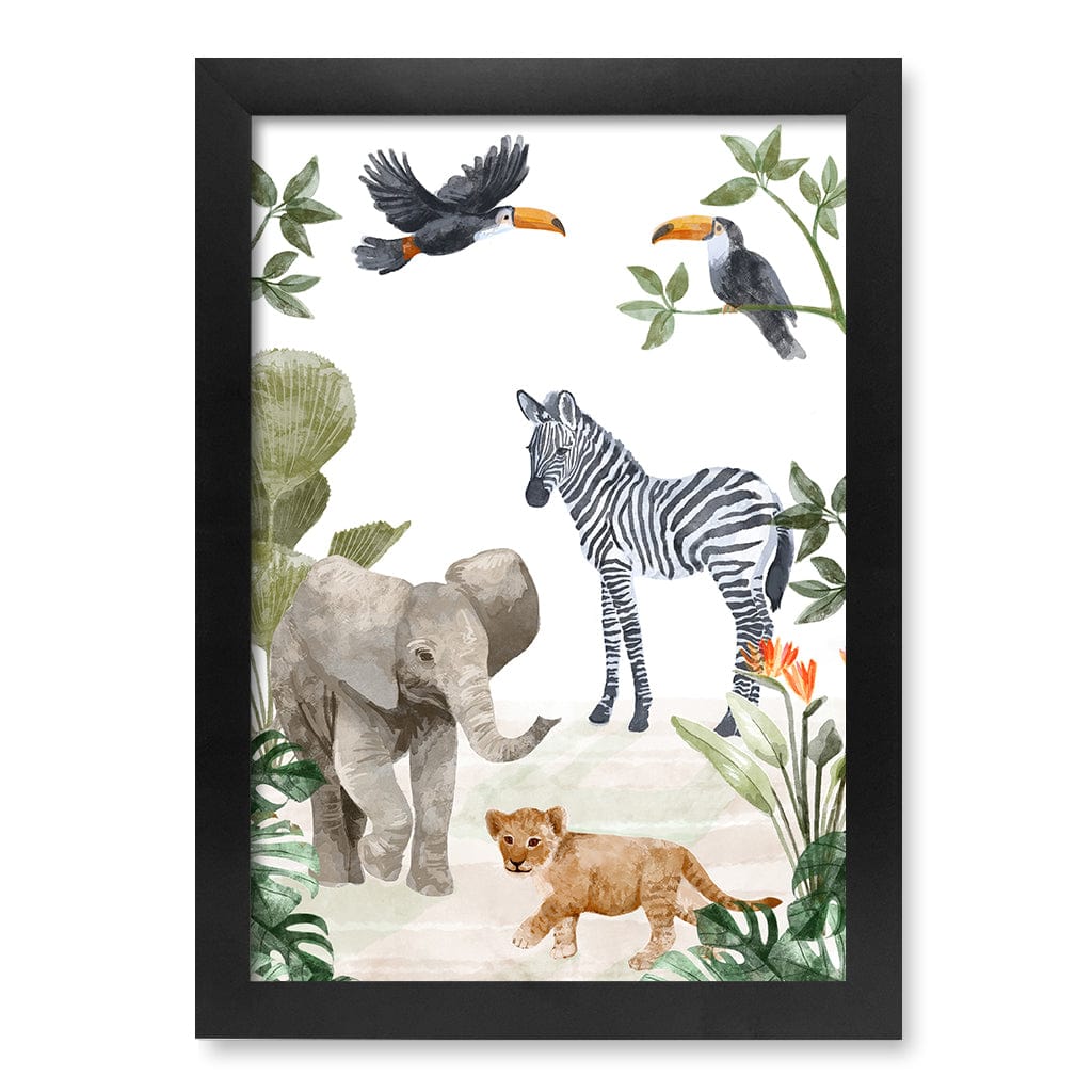 Jungle Friends Kids Wall Art Print A4 (21 x 29.7cm) / Matte Black Frame / No Border from our Australian Made Framed Wall Art, Prints & Posters collection by Profile Products (Australia) Pty Ltd