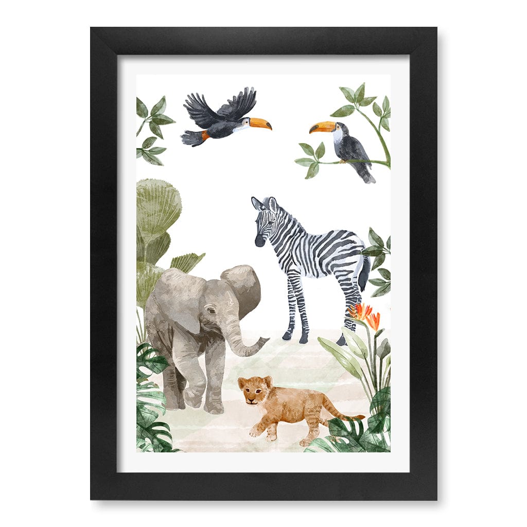 Jungle Friends Kids Wall Art Print A4 (21 x 29.7cm) / Matte Black Frame / White Border from our Australian Made Framed Wall Art, Prints & Posters collection by Profile Products (Australia) Pty Ltd
