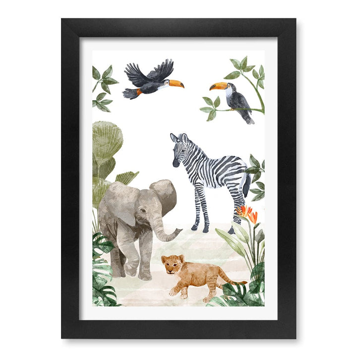 Jungle Friends Kids Wall Art Print A4 (21 x 29.7cm) / Matte Black Frame / White Border from our Australian Made Framed Wall Art, Prints & Posters collection by Profile Products (Australia) Pty Ltd