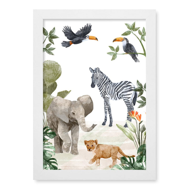 Jungle Friends Kids Wall Art Print A4 (21 x 29.7cm) / Matte White Frame / No Border from our Australian Made Framed Wall Art, Prints & Posters collection by Profile Products (Australia) Pty Ltd