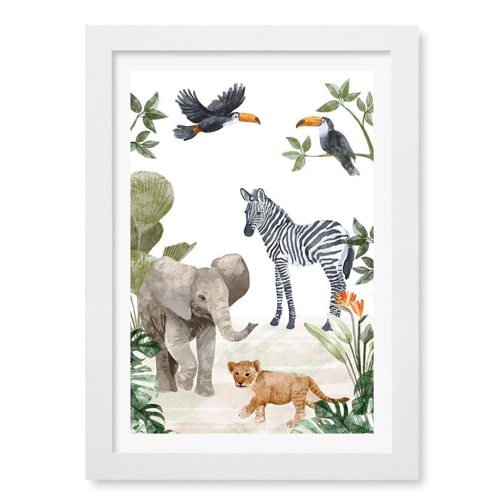 Jungle Friends Kids Wall Art Print A4 (21 x 29.7cm) / Matte White Frame / White Border from our Australian Made Framed Wall Art, Prints & Posters collection by Profile Products (Australia) Pty Ltd