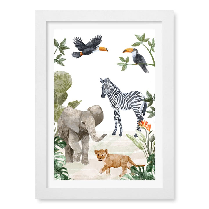 Jungle Friends Kids Wall Art Print A4 (21 x 29.7cm) / Matte White Frame / White Border from our Australian Made Framed Wall Art, Prints & Posters collection by Profile Products (Australia) Pty Ltd