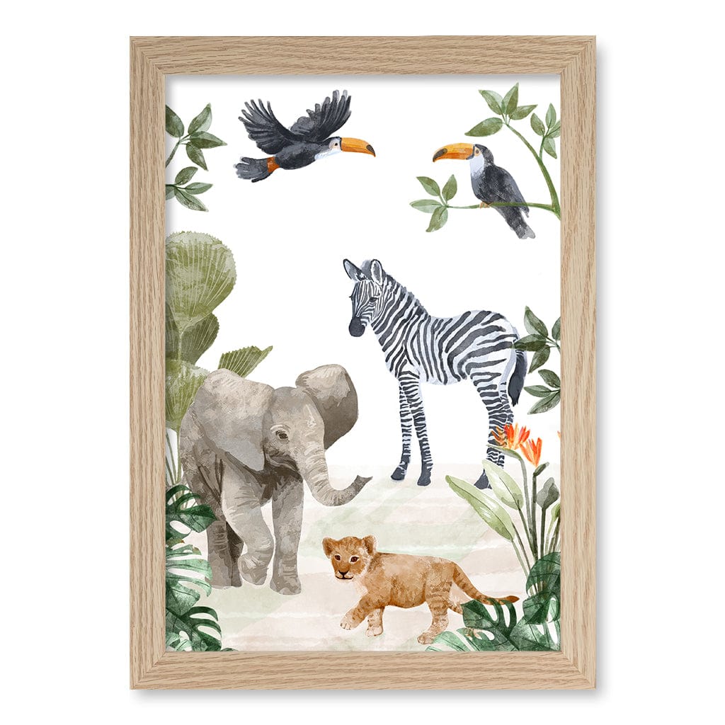 Jungle Friends Kids Wall Art Print A4 (21 x 29.7cm) / Natural Oak Frame / No Border from our Australian Made Framed Wall Art, Prints & Posters collection by Profile Products (Australia) Pty Ltd